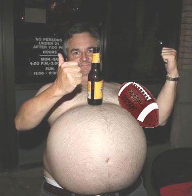 Drunk Beer belly fat guy with beer bottle and football